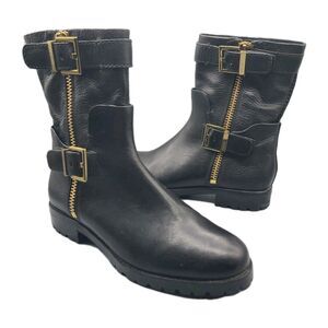 AERIN Women boots ankle biker black Leather Lacy  gold zipper belted Size 8.5